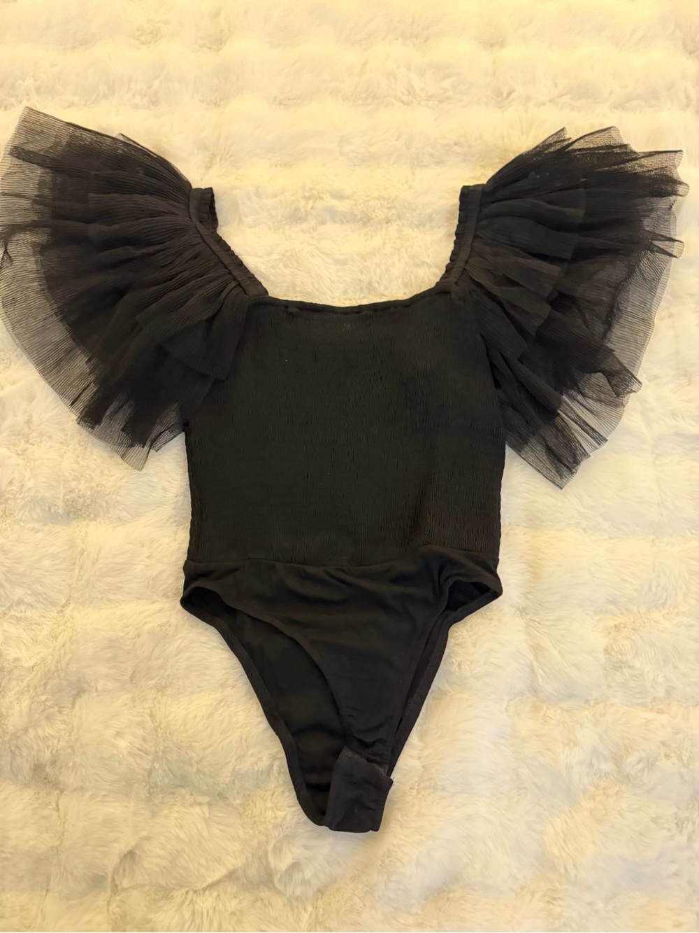 Listicle Black Tulle Flutter Sleeve Bodysuit
